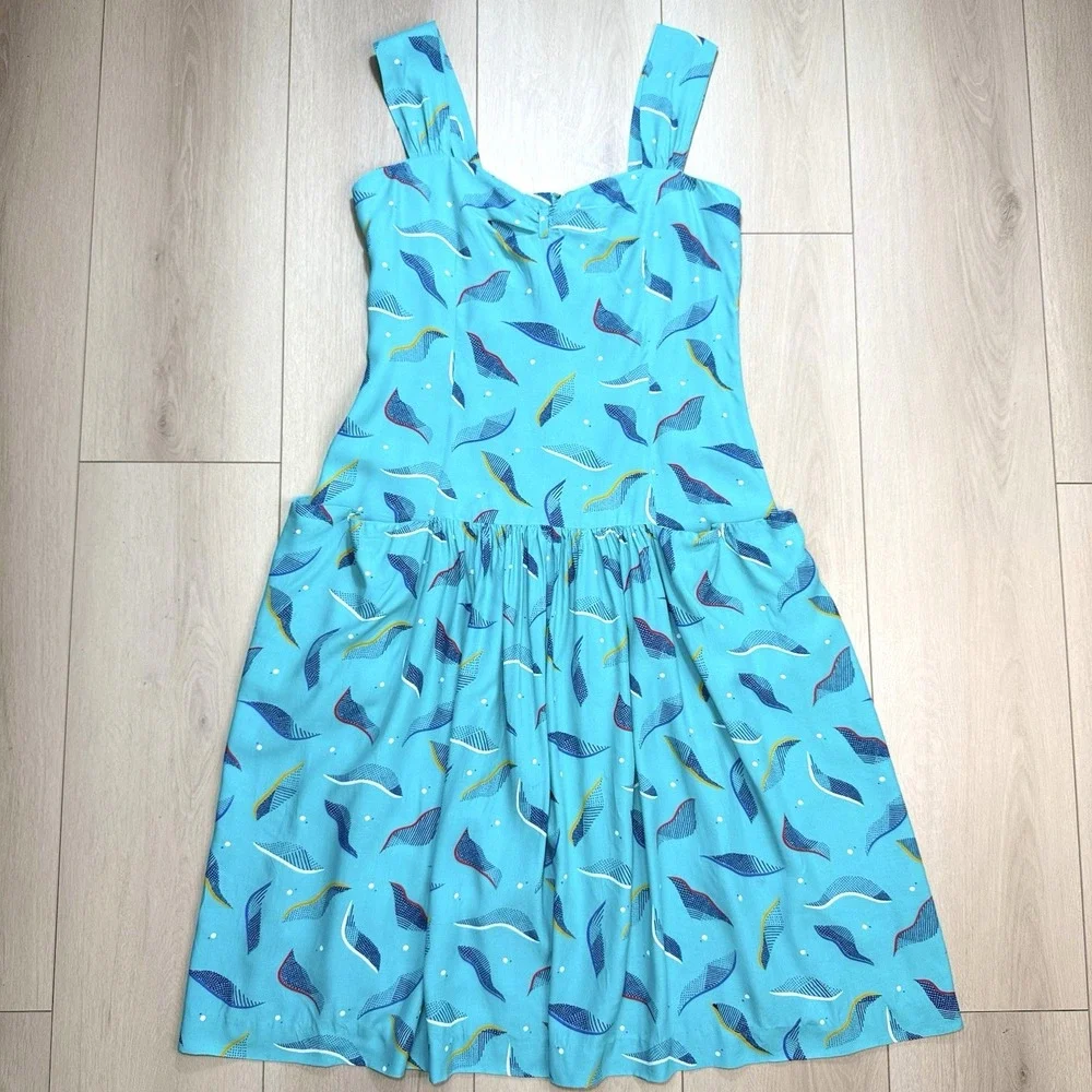 VTG Jones New York Dress Womens 16 Turquoise Abstract Midi Sundress 80s USA MCM!